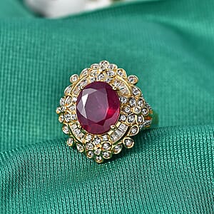 GP Premium Niassa Ruby (FF) and White Zircon 6.90 ctw Ring in 18K Vermeil Yellow Gold Over Sterling Silver (Size 7.0)