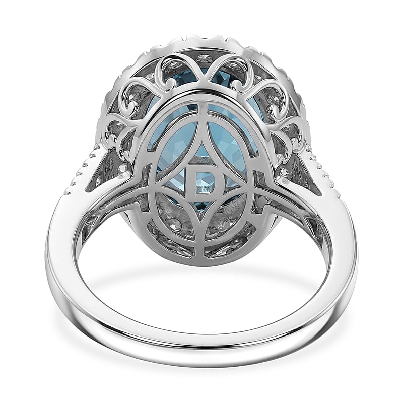 D'Joy Premium London Blue Topaz and Moissanite 8.00 ctw Midnight Ocean Halo Ring in Rhodium Over Sterling Silver (Size 6.0)