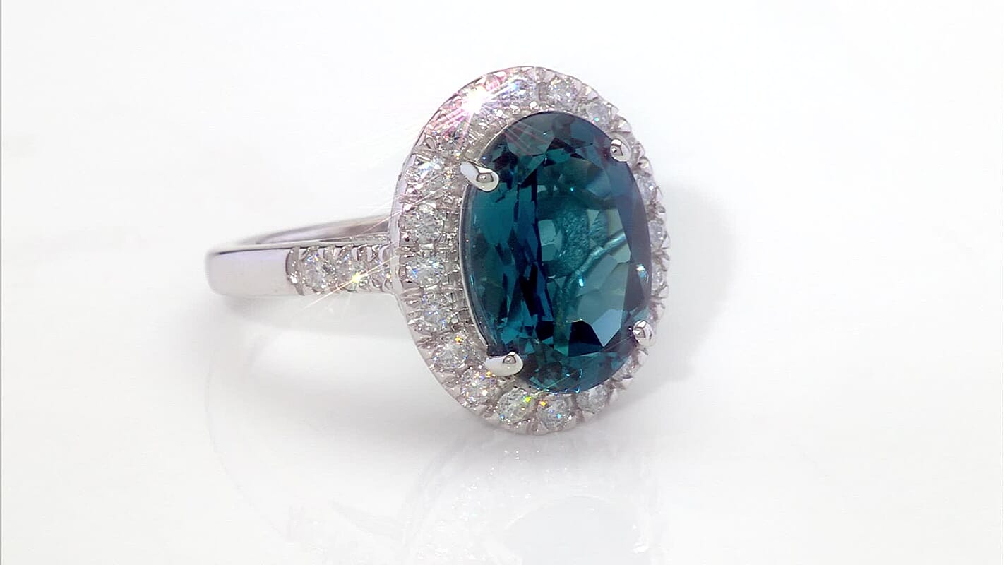 D'Joy Certified London Blue Topaz, Moissanite Ring in Rhodium Over Sterling Silver (Size 10.0) 8.00 ctw