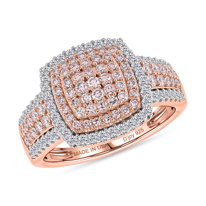 D'Joy Natural Pink and White Diamond I3 1.00 ctw Rose Cushion Glow Ring in 18K Vermeil Rose Gold Over Sterling Silver (Size 7.0)