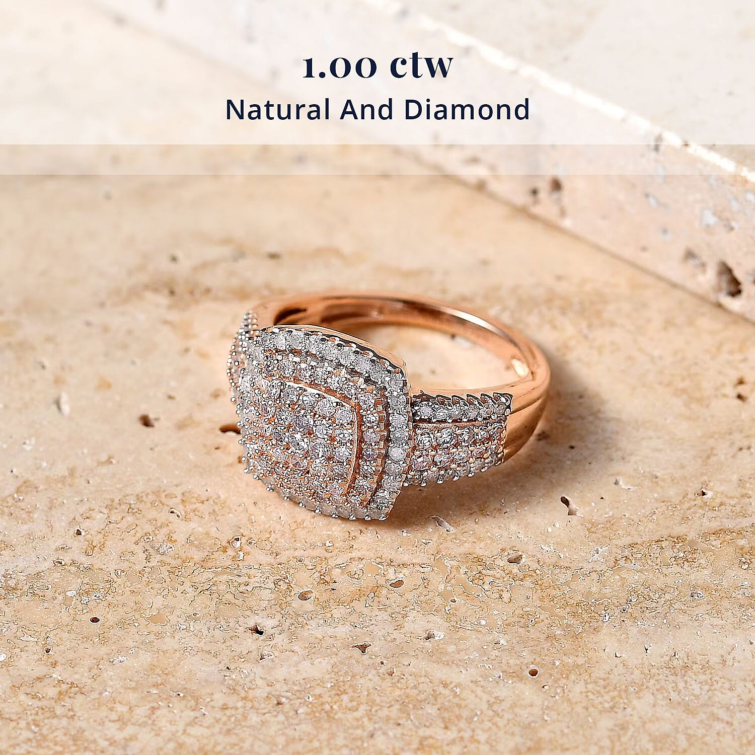 D'Joy Natural Pink and White Diamond I3 1.00 ctw Rose Cushion Glow Ring in 18K Vermeil Rose Gold Over Sterling Silver (Size 7.0)