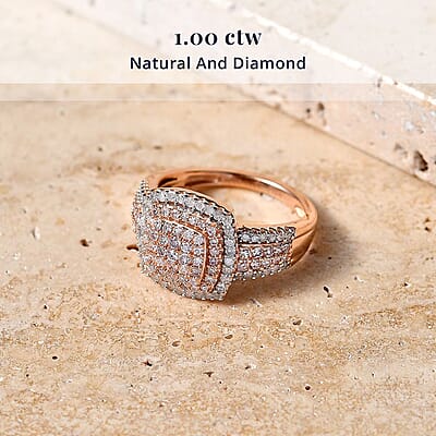 D'Joy Natural Pink and White Diamond I3 1.00 ctw Rose Cushion Glow Ring in 18K Vermeil Rose Gold Over Sterling Silver (Size 7.0)