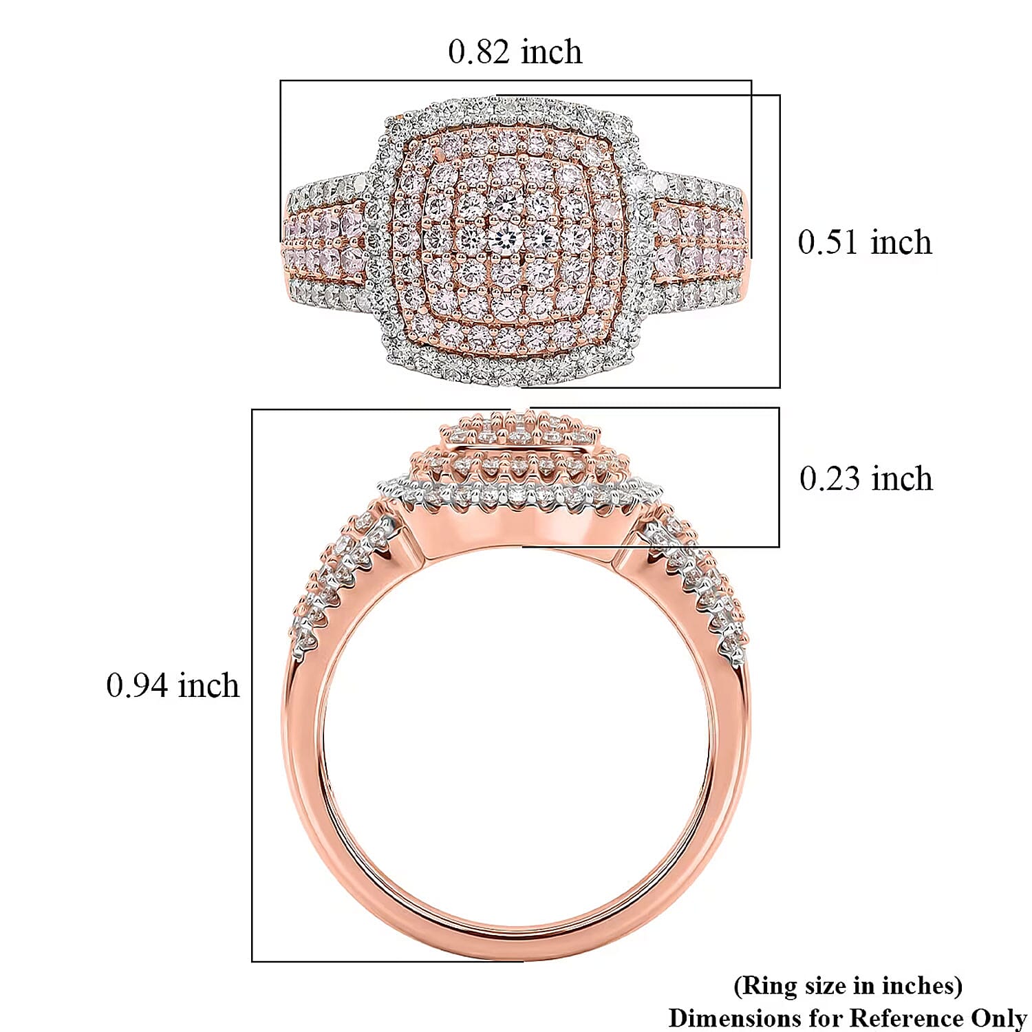 D'Joy Natural Pink and White Diamond I3 1.00 ctw Rose Cushion Glow Ring in 18K Vermeil Rose Gold Over Sterling Silver (Size 7.0)
