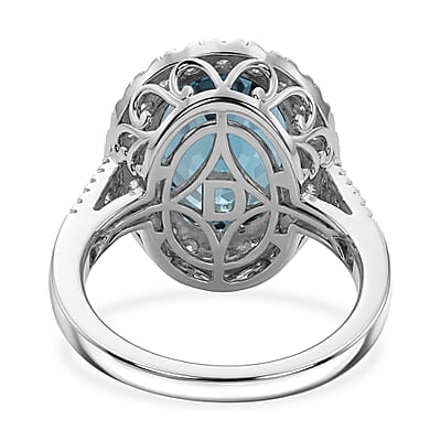 D'Joy Premium London Blue Topaz and Moissanite 8.00 ctw Midnight Ocean Halo Ring in Rhodium Over Sterling Silver (Size 9.0)