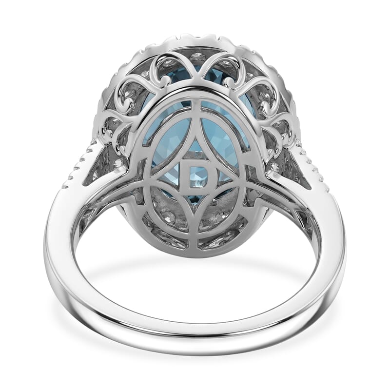 D'Joy Premium London Blue Topaz and Moissanite 8.00 ctw Midnight Ocean Halo Ring in Rhodium Over Sterling Silver (Size 9.0)