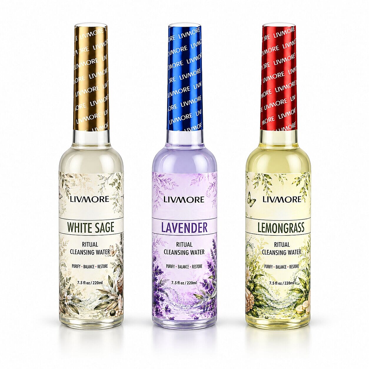 Livmore Set of 3 Cleansing Water (White Sage, Lavender, Lemon Grass) 7.5oz/each