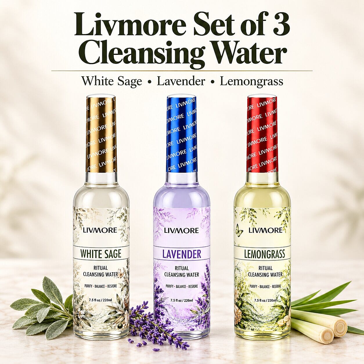 Livmore Set of 3 Cleansing Water (White Sage, Lavender, Lemon Grass) 7.5oz/each
