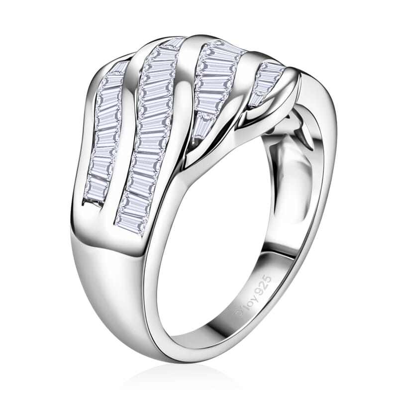 D'Joy White Topaz 2.10 ctw Wave Flow Band Ring in Rhodium Over Sterling Silver (Size  5.0)