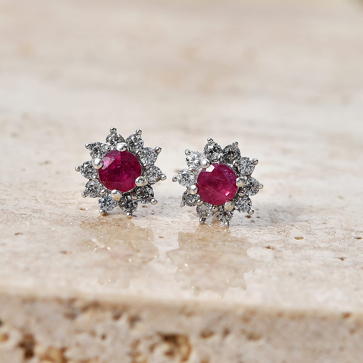 D'Joy African Ruby (FF) and White Zircon 1.40 ctw Everyday Royal Sparkle Earrings in Platinum Over Sterling Silver image number 1