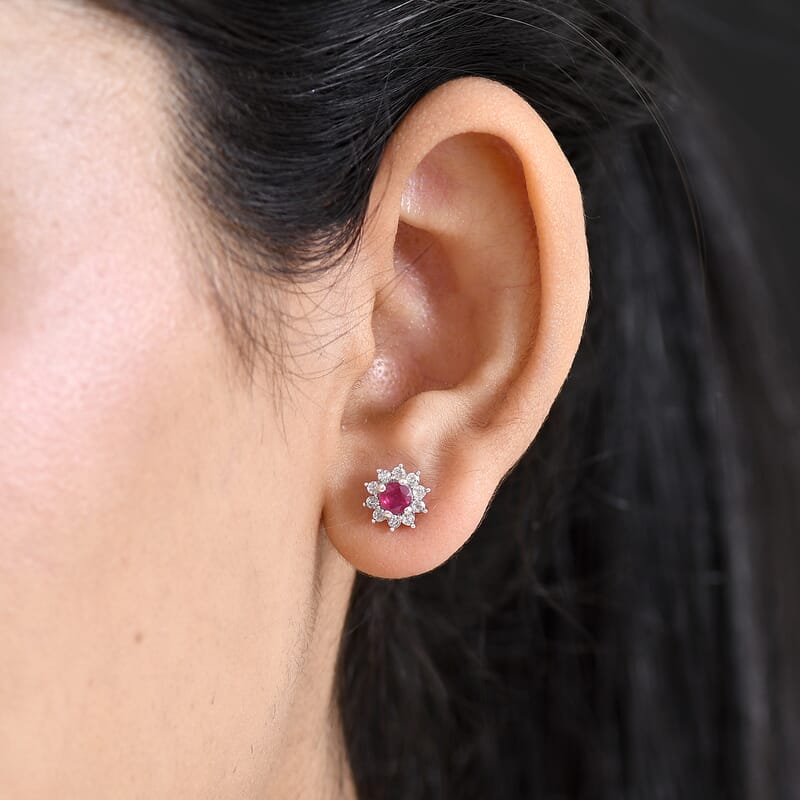 Doorbuster D'Joy African Ruby (FF) and White Zircon 1.40 ctw Everyday Royal Sparkle Earrings in Platinum Over Sterling Silver