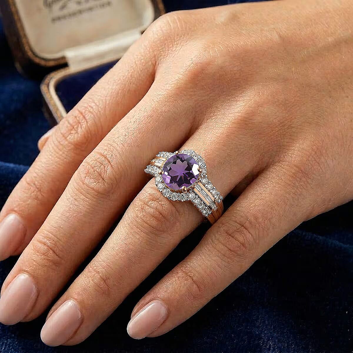 D'Joy Premium African Amethyst and White Zircon 3.10 ctw Ring in 18K Vermeil Rose Gold Over Sterling Silver (Size 6.5)