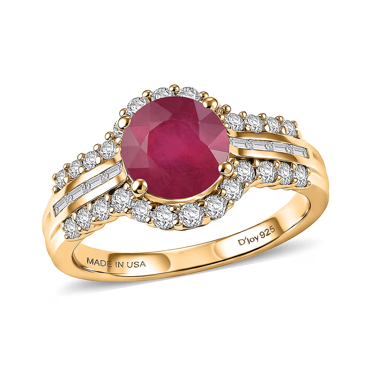 D'Joy Niassa Ruby (FF) and White Zircon 4.00 ctw Ring in 18K Vermeil Yellow Gold Over Sterling Silver (Size 12.0)