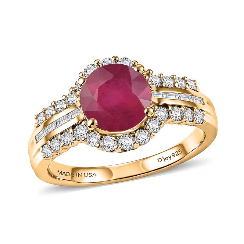 D'Joy Niassa Ruby (FF) and White Zircon 4.00 ctw Ring in 18K Vermeil Yellow Gold Over Sterling Silver (Size 12.0)