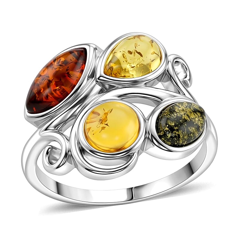 Baltic, Yellow and Green Amber Ring in Sterling Silver (Size 8.0)