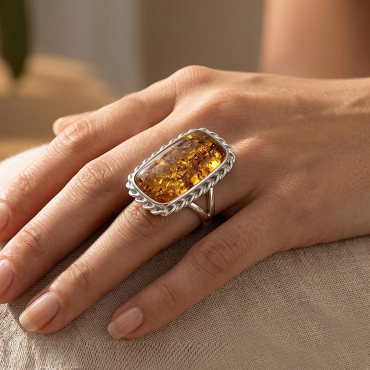 Honey Amber Ring in Sterling Silver (Size 8) image number 2