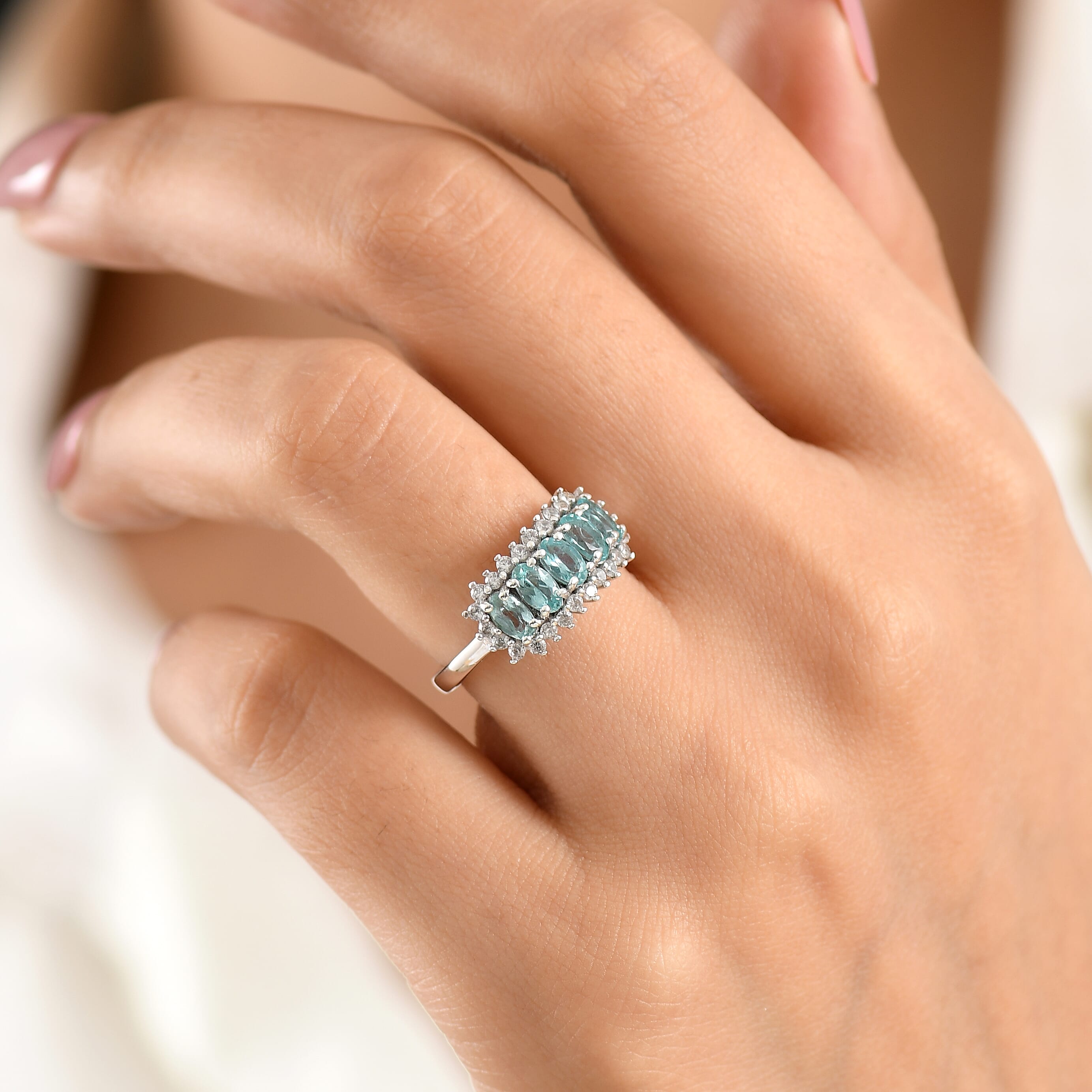 D'Joy Premium Lagoon Apatite and White Zircon 1.80 ctw Ring in Rhodium Over Sterling Silver (Size 8.0)