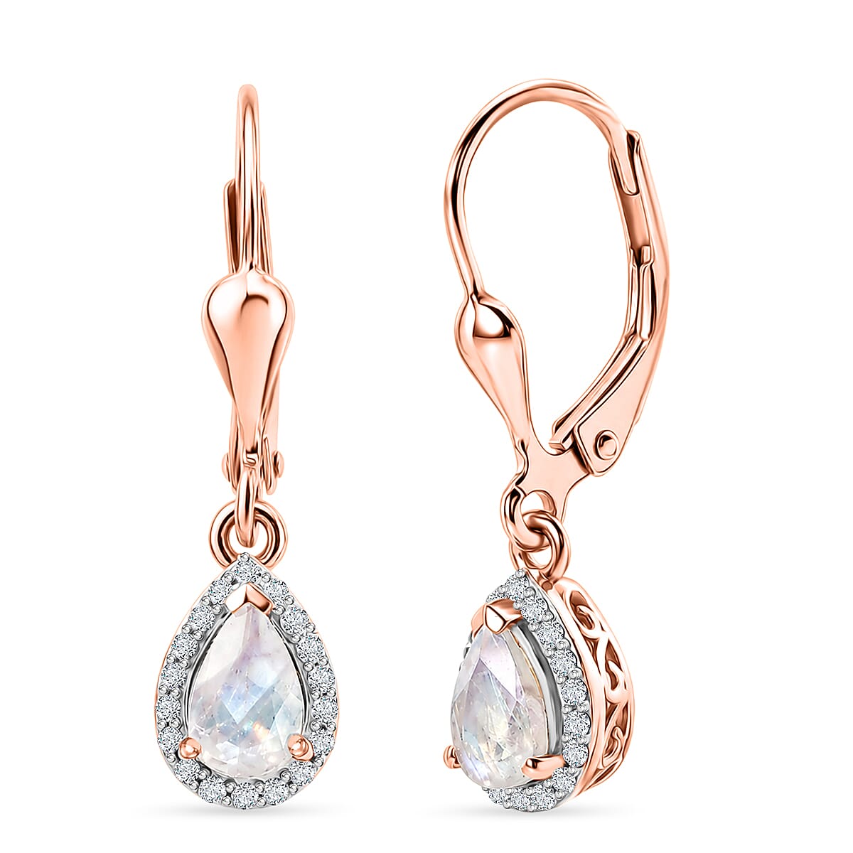 D'Joy Premium Rainbow Moonstone and White Zircon 0.90 ctw Earrings in 18K Vermeil Rose Gold Over Sterling Silver