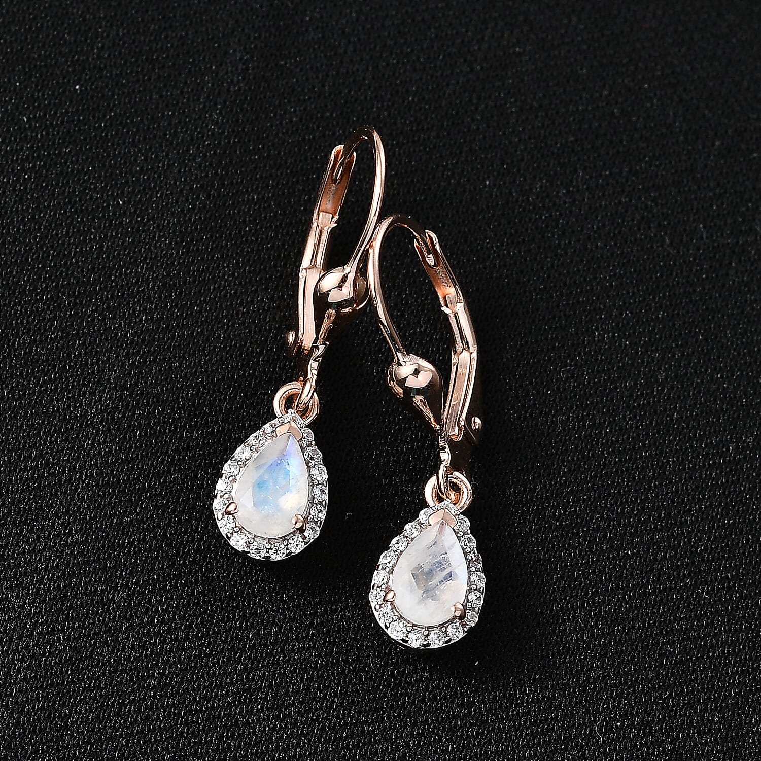 D'Joy Premium Rainbow Moonstone and White Zircon 0.90 ctw Earrings in 18K Vermeil Rose Gold Over Sterling Silver