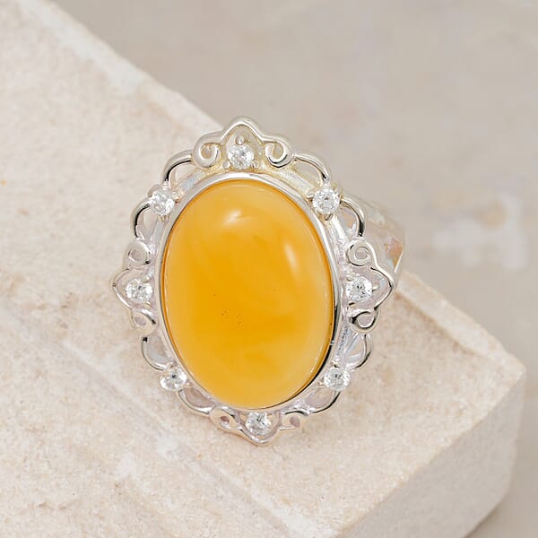 Butterscotch Amber, Simulated Diamond 2.00 ctw Ring in Sterling Silver (Size 7.0)
