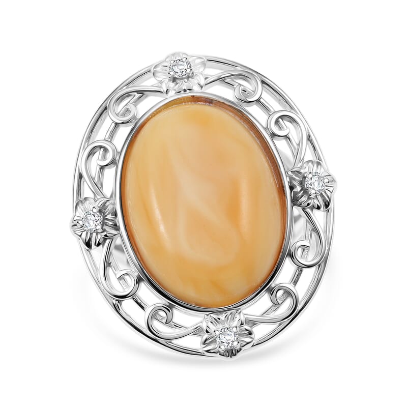Butterscotch Amber, Simulated Diamond 1.00 ctw Ring in Sterling Silver (Size 6.0)