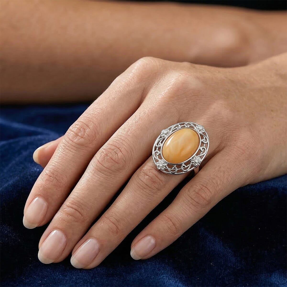 Butterscotch Amber, Simulated Diamond 1.00 ctw Ring in Sterling Silver (Size 6.0) image number 2