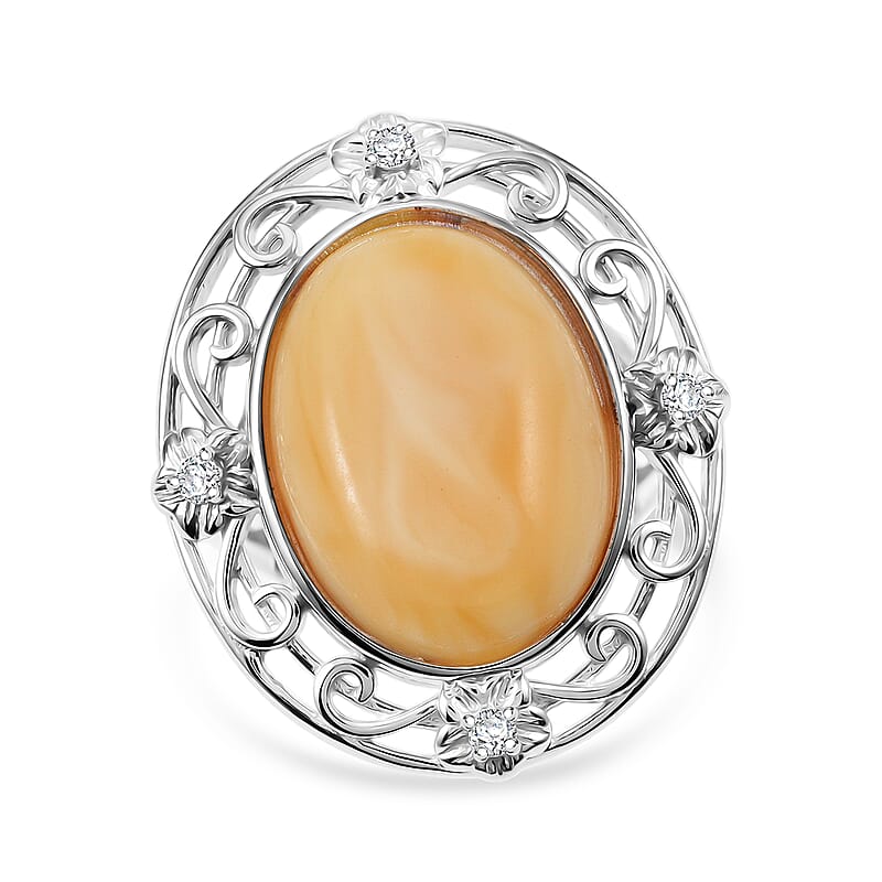 Butterscotch Amber, Simulated Diamond 1.00 ctw Ring in Sterling Silver (Size 7.0)