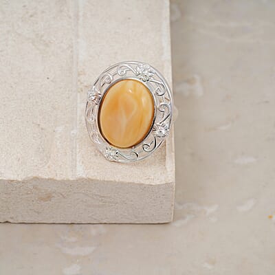 Butterscotch Amber, Simulated Diamond 1.00 ctw Ring in Sterling Silver (Size 7.0)