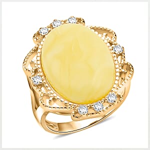 Butterscotch Amber, Simulated Diamond 2.00 ctw Ring in 14K YG Over Sterling Silver (Size 7.0)