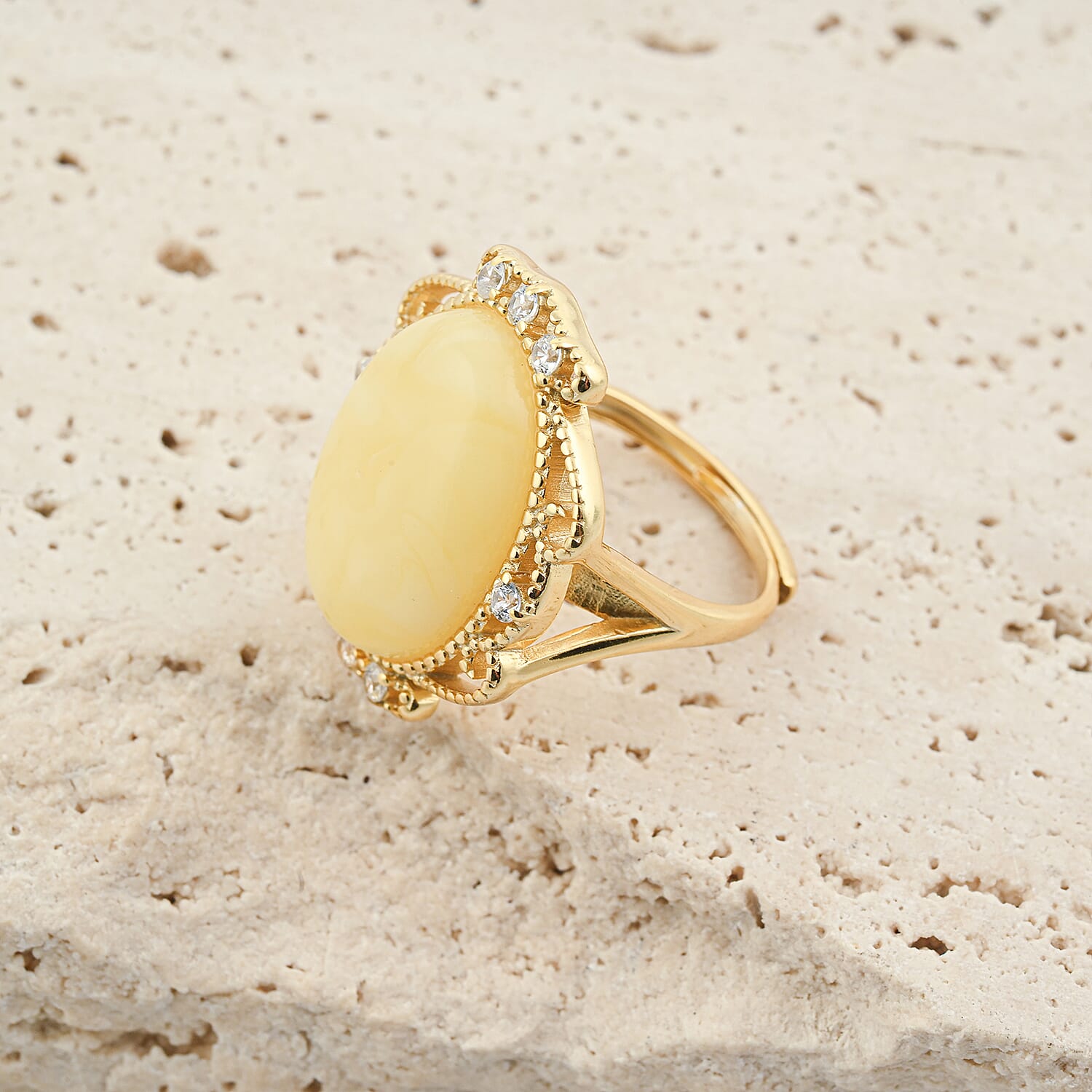 Butterscotch Amber, Simulated Diamond 2.00 ctw Ring in 14K YG Over Sterling Silver (Size 7.0)