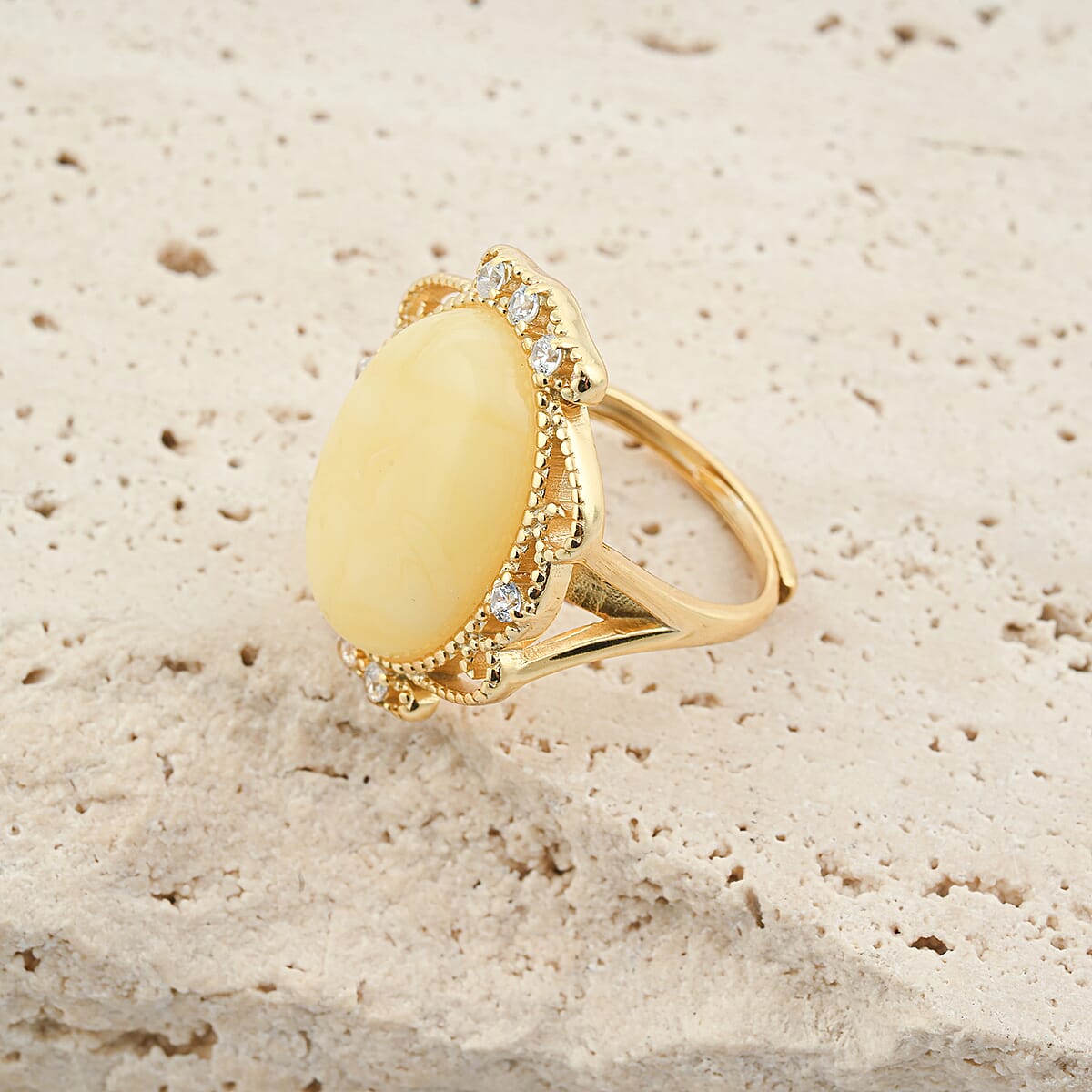 Butterscotch Amber, Simulated Diamond 2.00 ctw Ring in 14K YG Over Sterling Silver (Size 7.0) image number 1