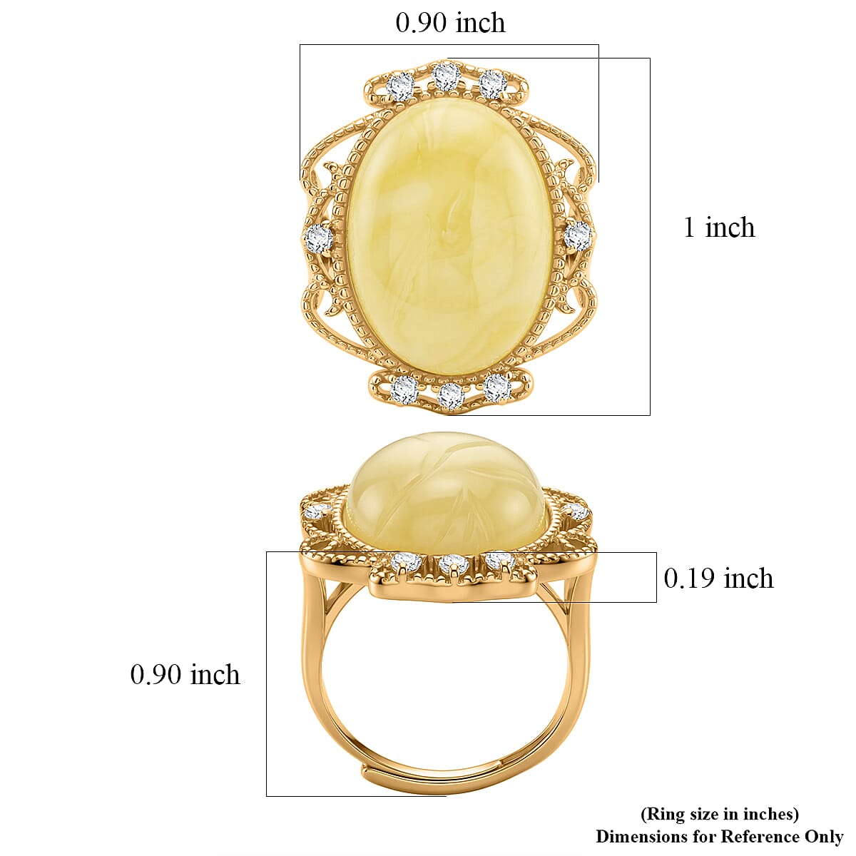 Butterscotch Amber, Simulated Diamond 2.00 ctw Ring in 14K YG Over Sterling Silver (Size 7.0)