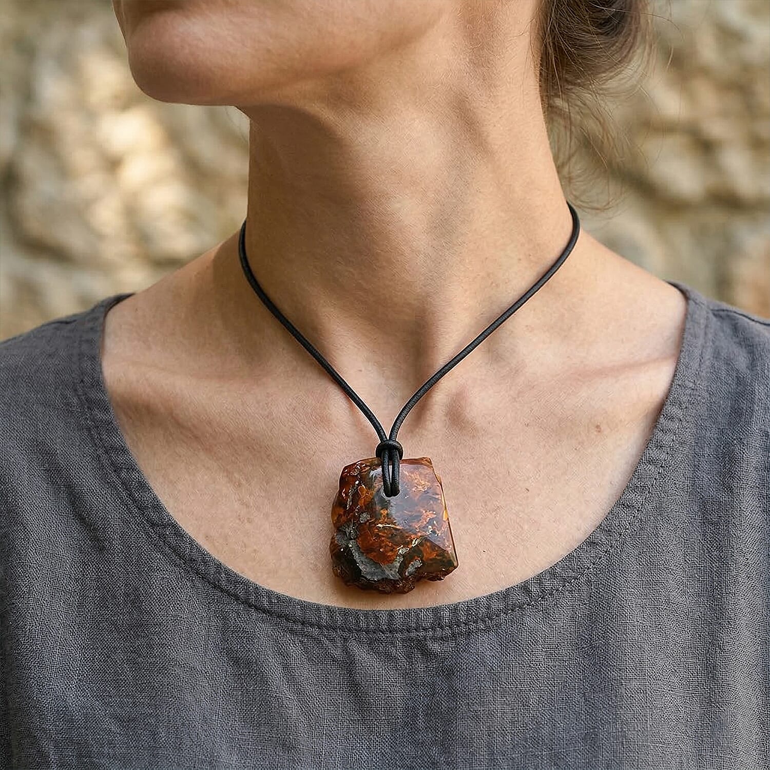 Row Amber Black Leather Necklace (24 Inches)