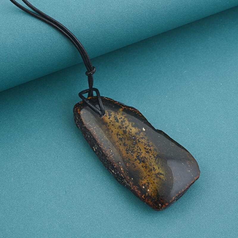 Raw Amber Black Leather Necklace (24 Inches)