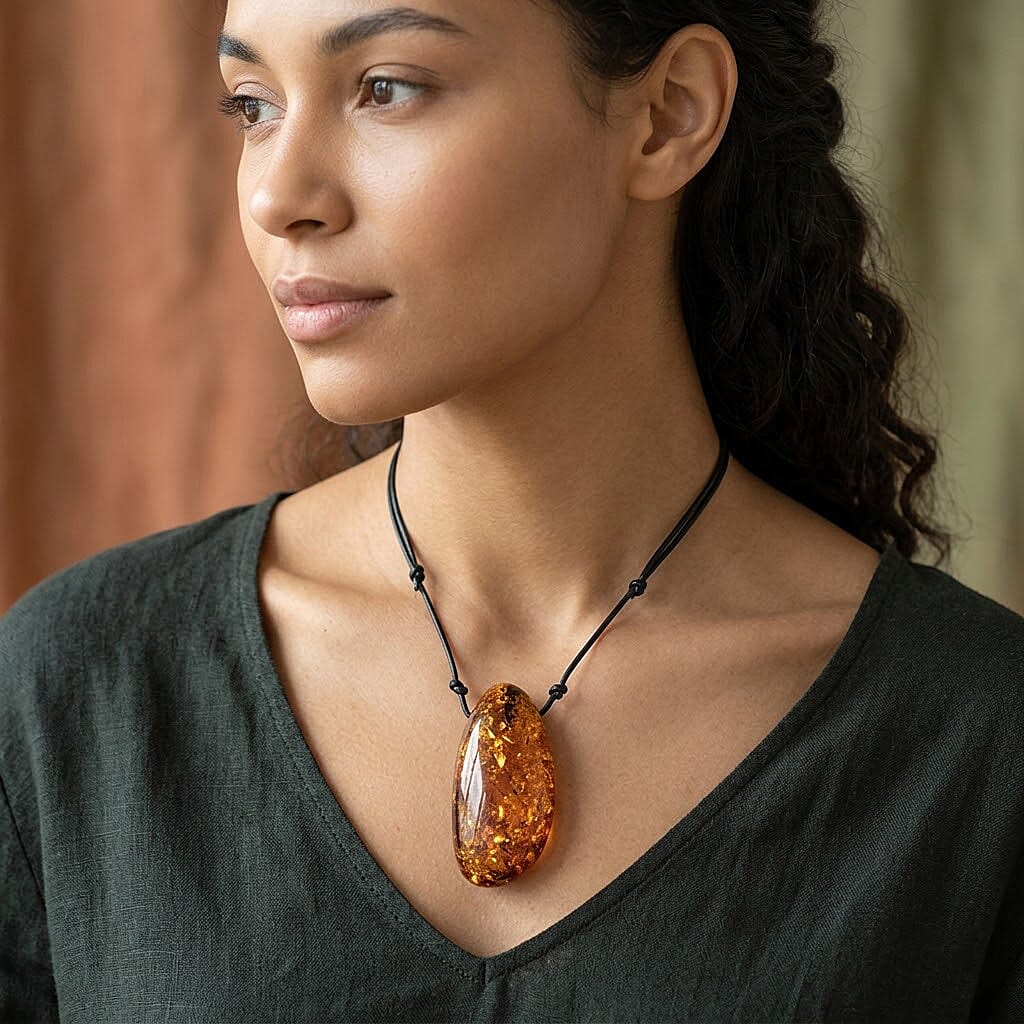 Butterscotch Amber Black Leather Necklace (24 Inches)