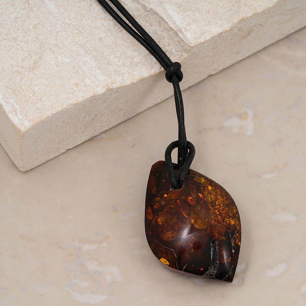 Raw Amber Black Leather Necklace (24 Inches) image number 1