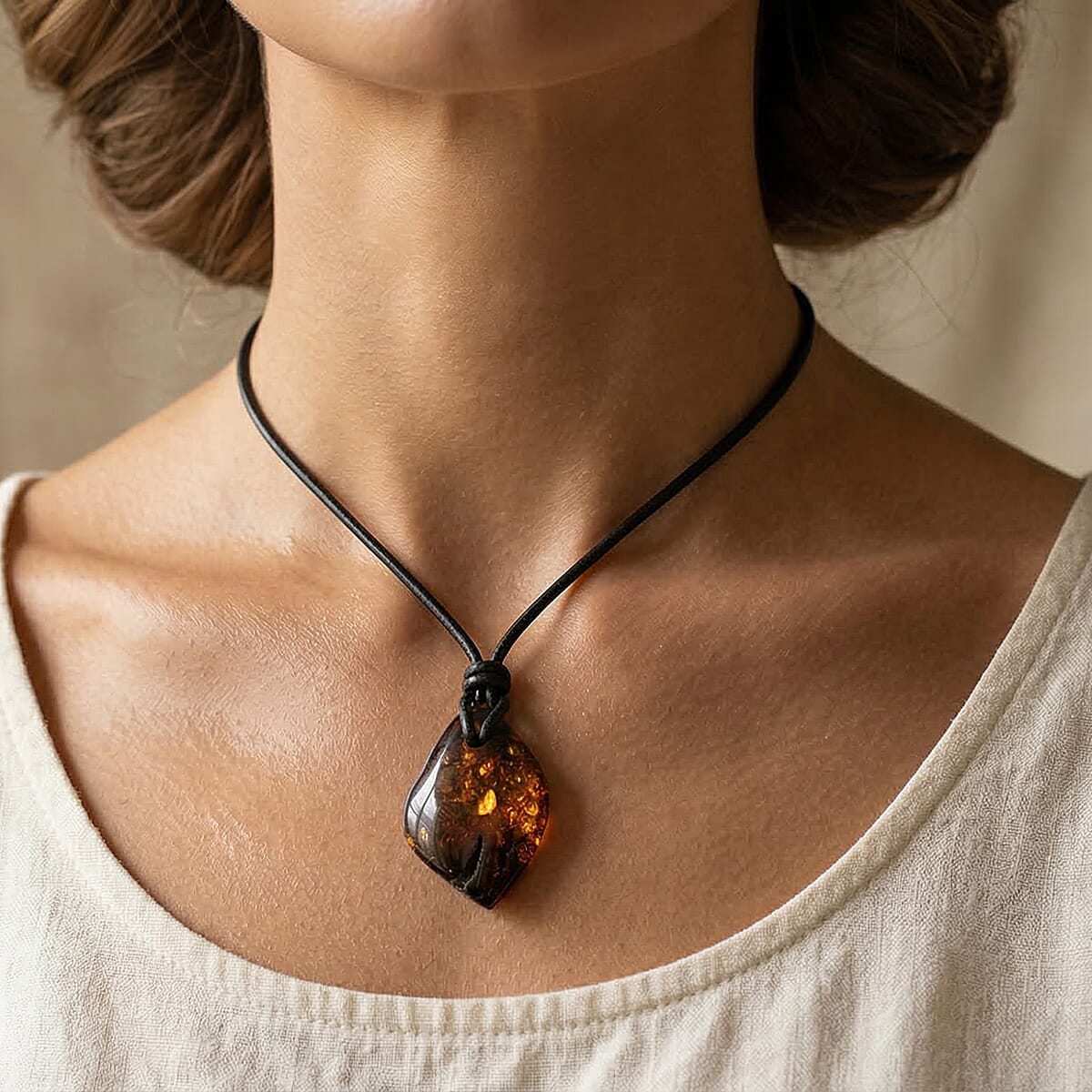 Raw Amber Black Leather Necklace (24 Inches) image number 2