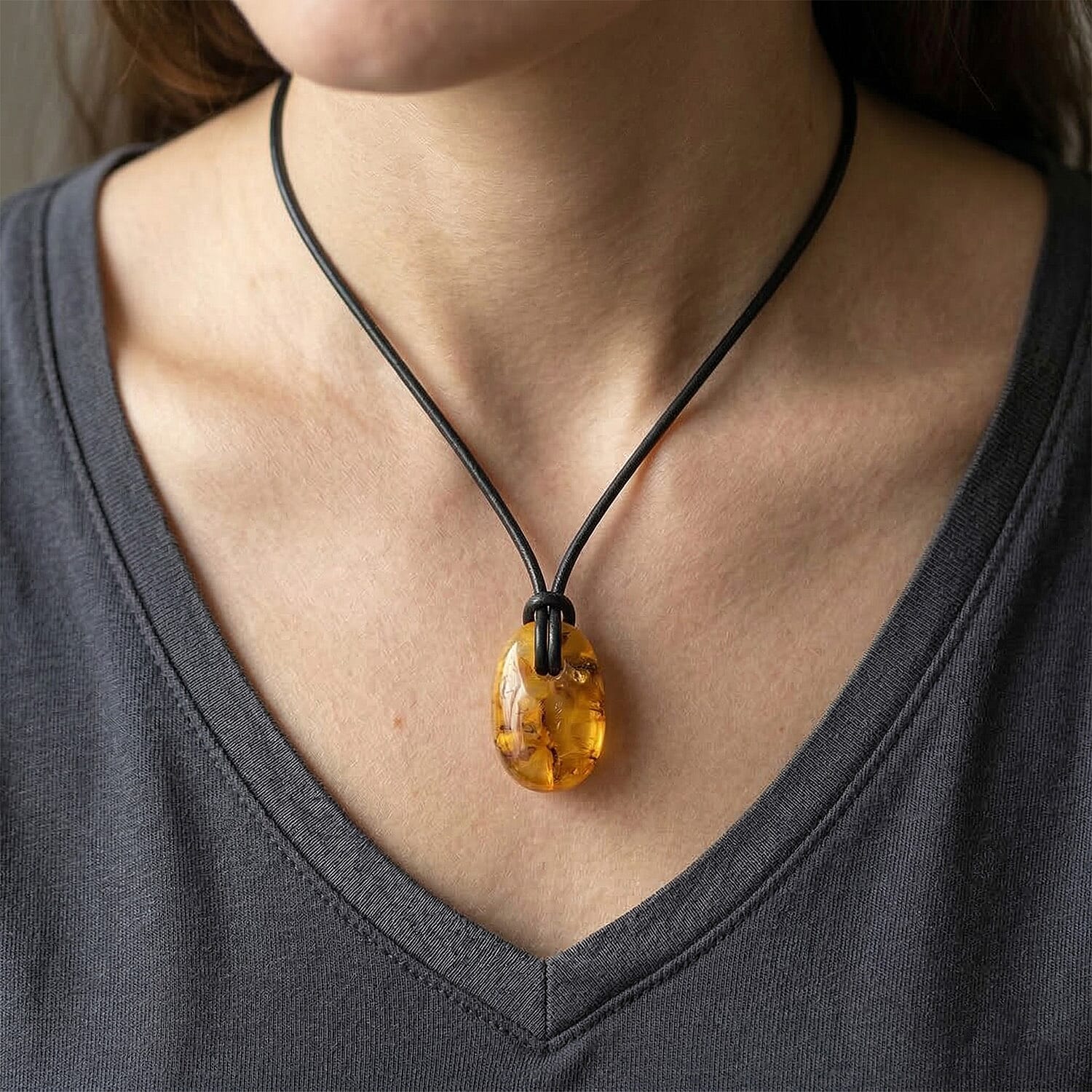 Raw Amber Leather Necklace (28 Inches)