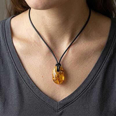Raw Amber Leather Necklace (28 Inches)