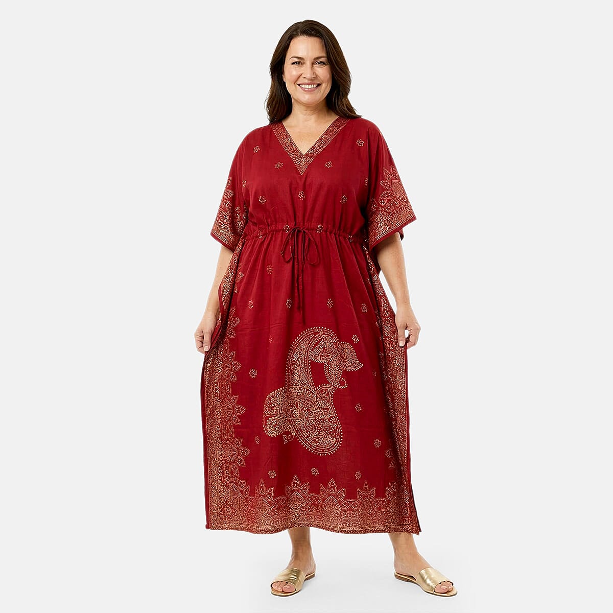 Neelam Fashions Red Gold Foil Kaftan - One Size Fits Most