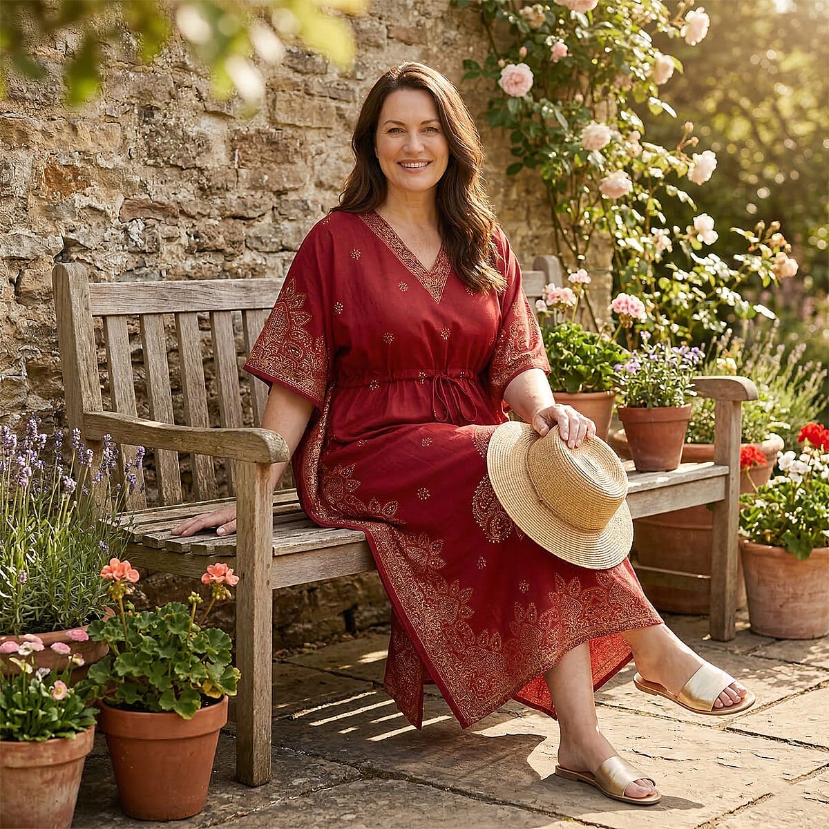 Neelam Fashions Red Gold Foil Kaftan - One Size Fits Most image number 1