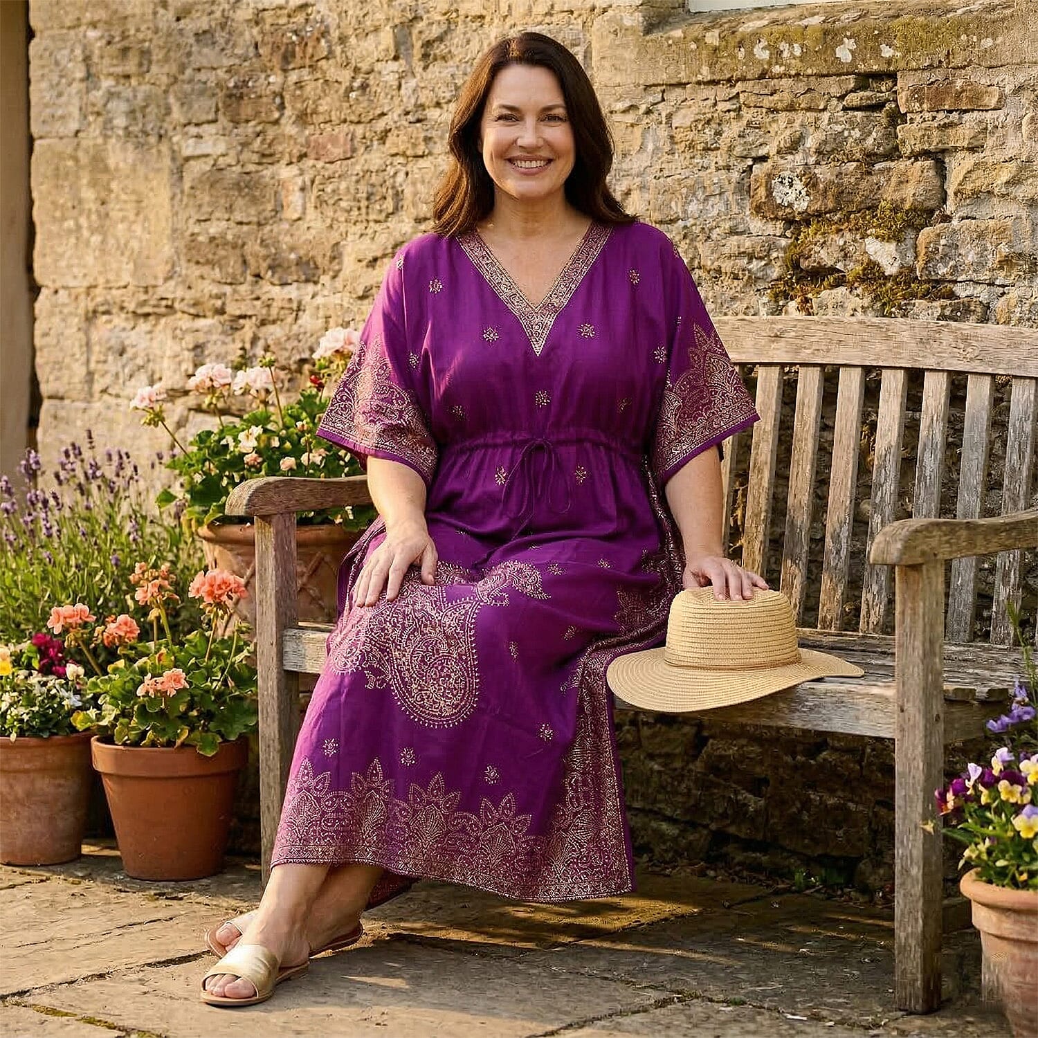 Neelam Fashions Purple Gold Foil Kaftan - One Size Fits Most