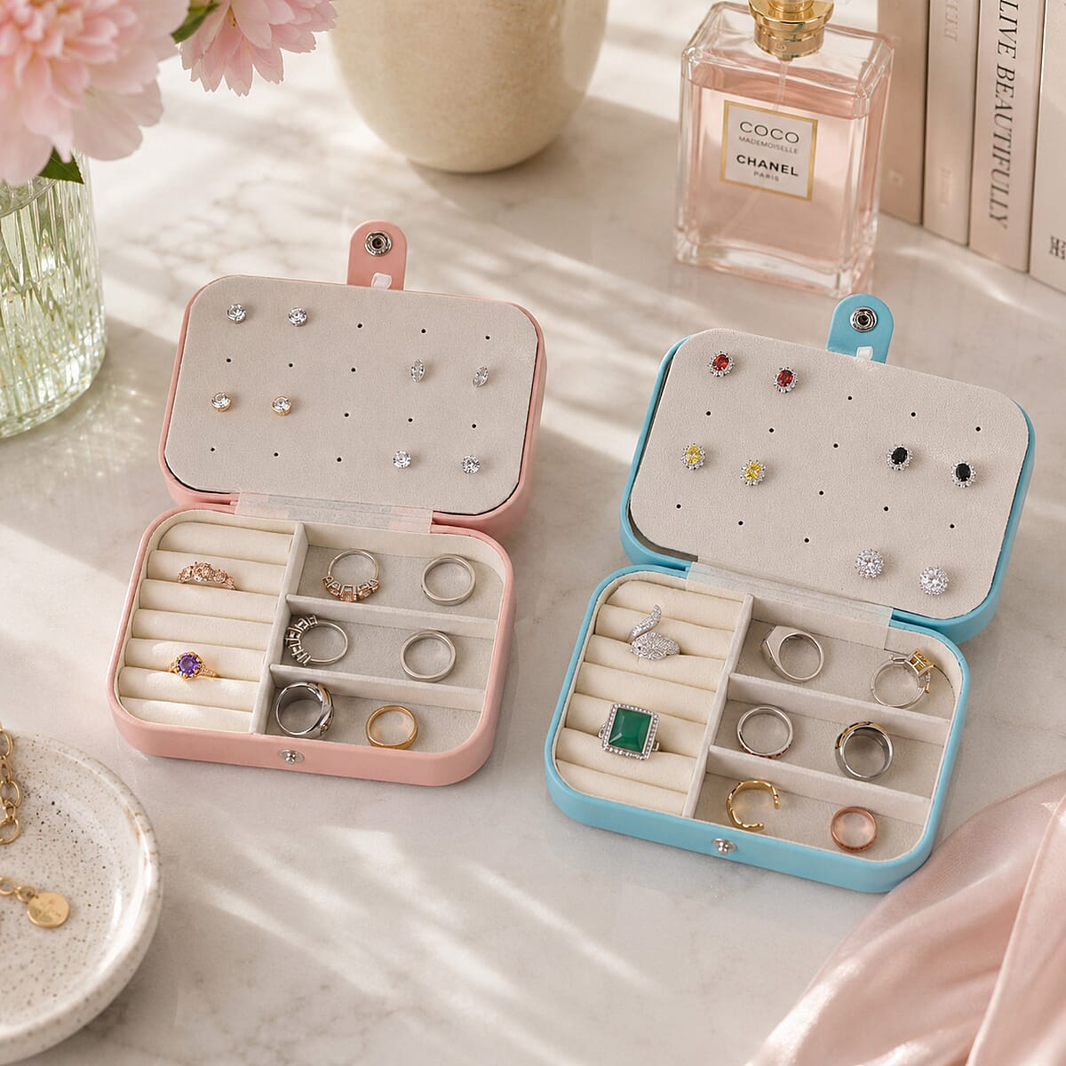Livmore Pink and Sky Blue Faux Leather Set of 2 Jewelry Organizer with Button Closure image number 1