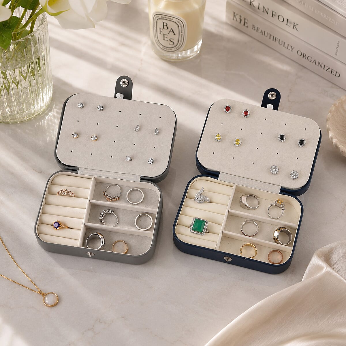 Livmore Gray and Dark Blue Faux Leather Set of 2 Jewelry Organizer with Button Closure image number 1