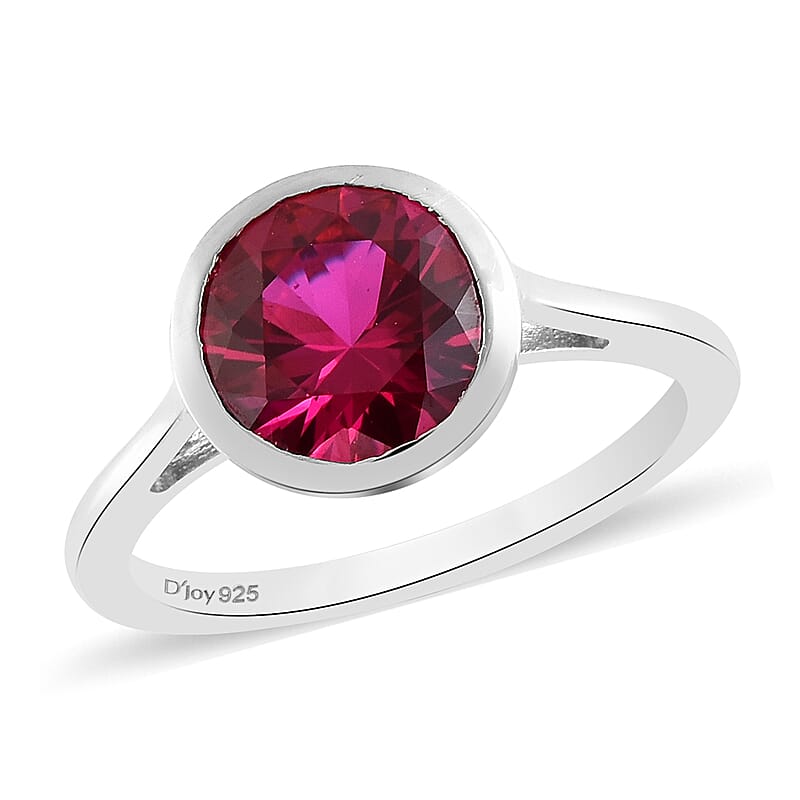 D'Joy Simulated Ruby Color Diamond Ring in Platinum Over Sterling Silver (Size 5.0)
