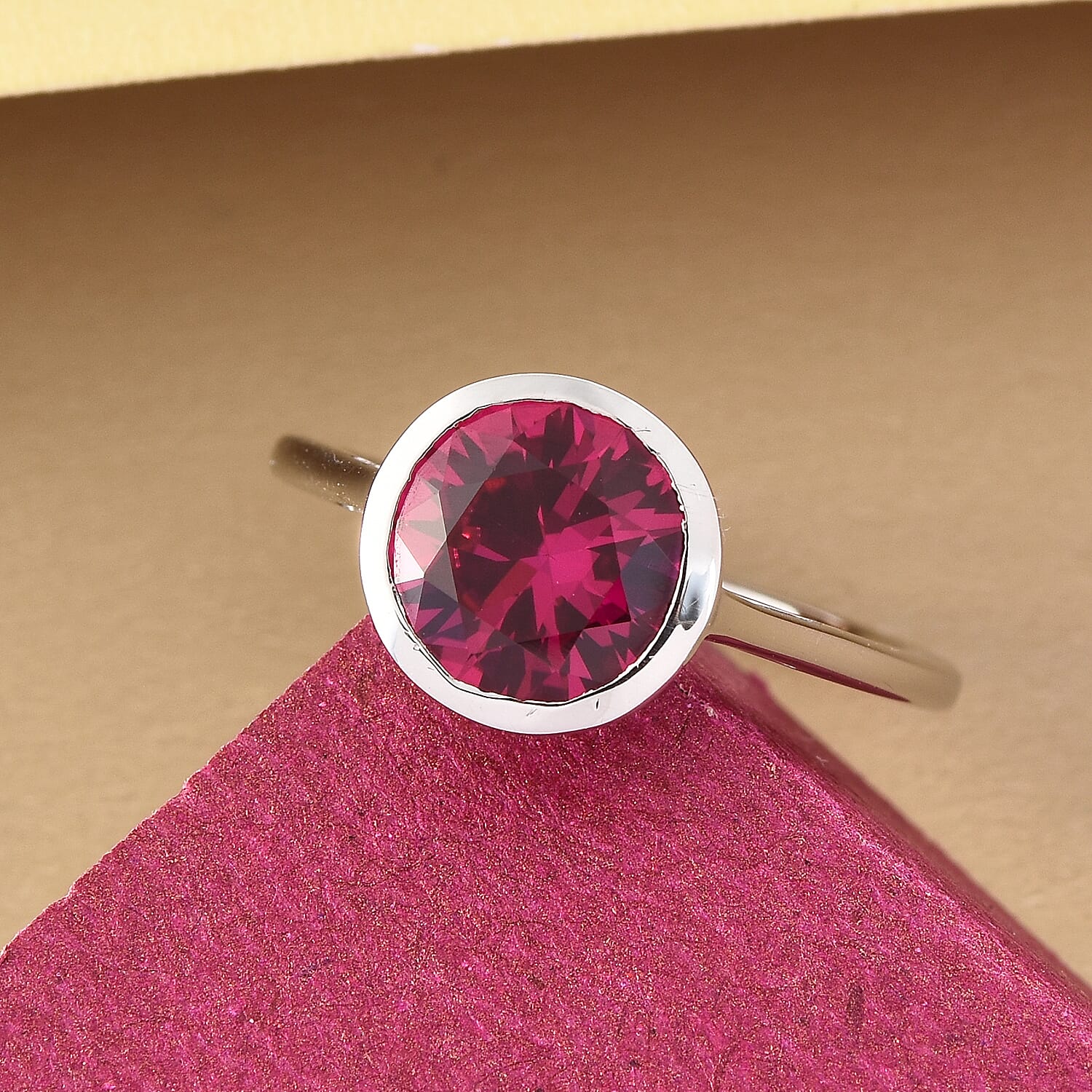 D'Joy Simulated Ruby Color Diamond Ring in Platinum Over Sterling Silver (Size 5.0)