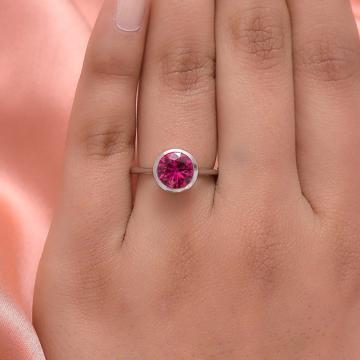 D'Joy Simulated Ruby Color Diamond Ring in Platinum Over Sterling Silver (Size 5.0)