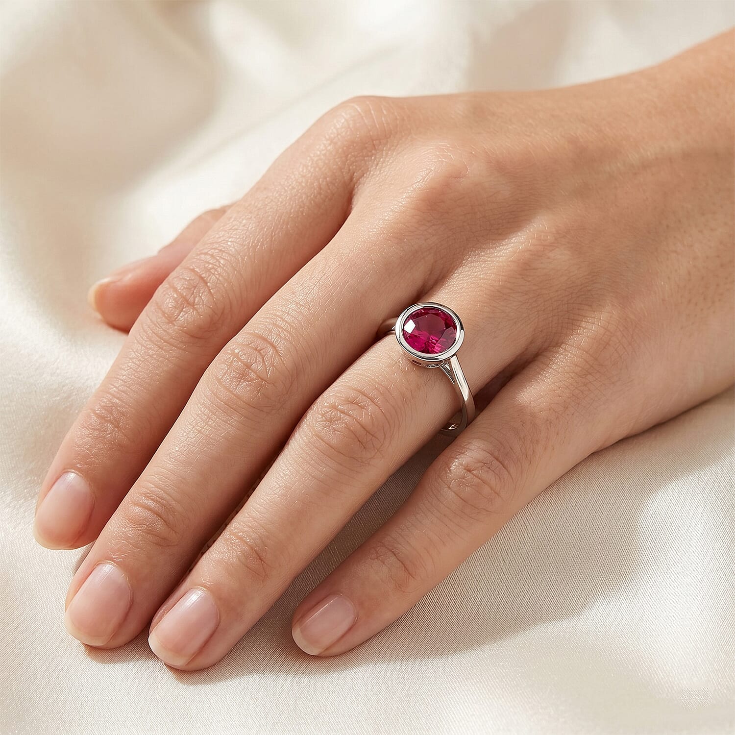 D'Joy Simulated Ruby Color Diamond Ring in Platinum Over Sterling Silver (Size 6.5)