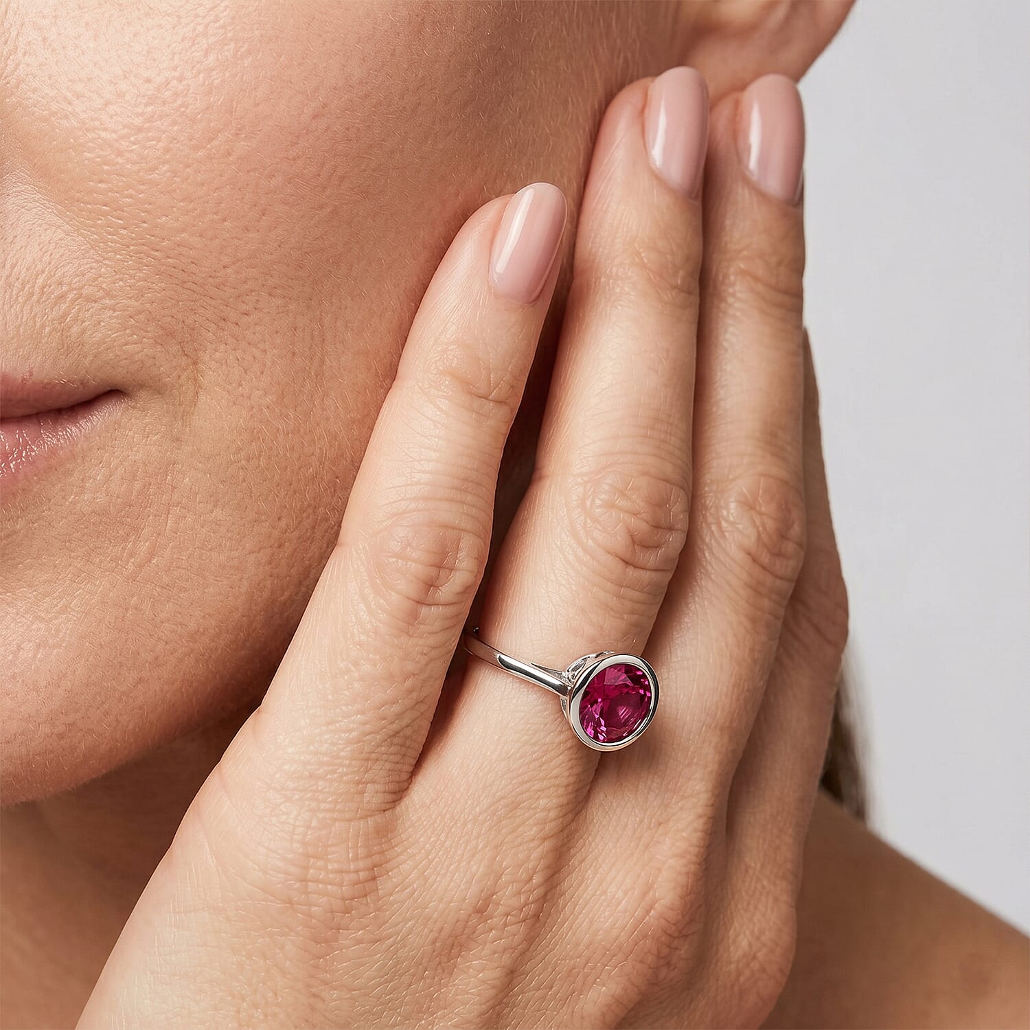 D'Joy Simulated Ruby Color Diamond Ring in Platinum Over Sterling Silver (Size 6.5)