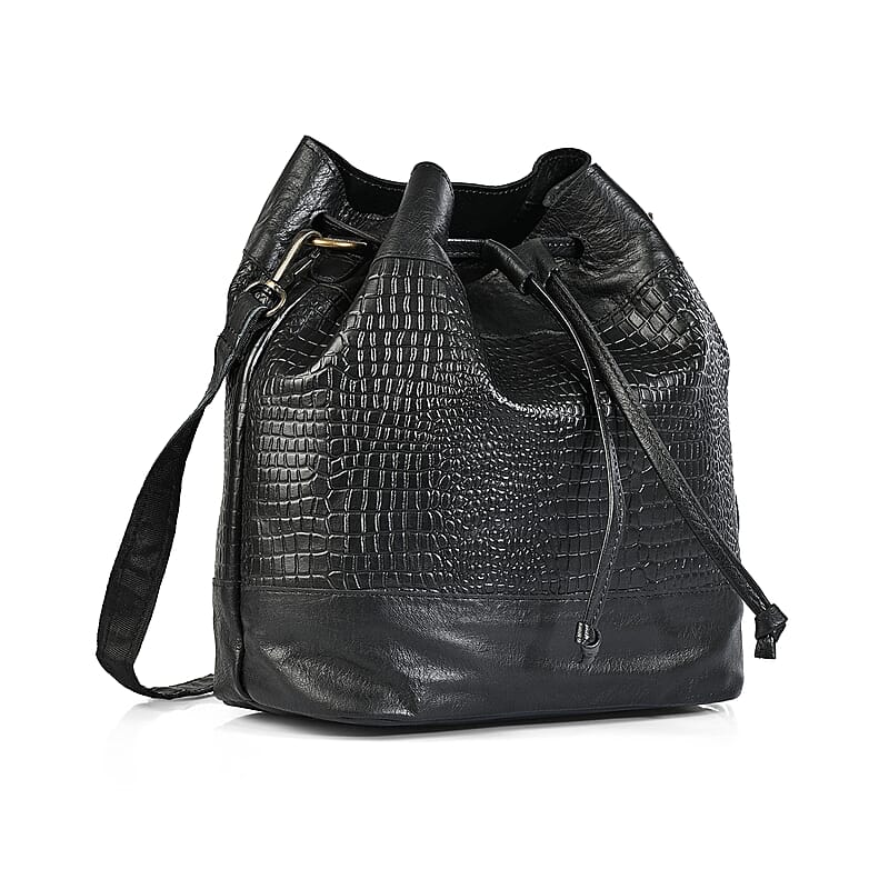 La Marey Black Genuine Leather Croco Embossed Crossbody Bag