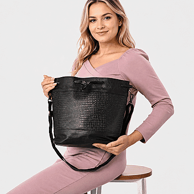 La Marey Black Genuine Leather Croco Embossed Crossbody Bag